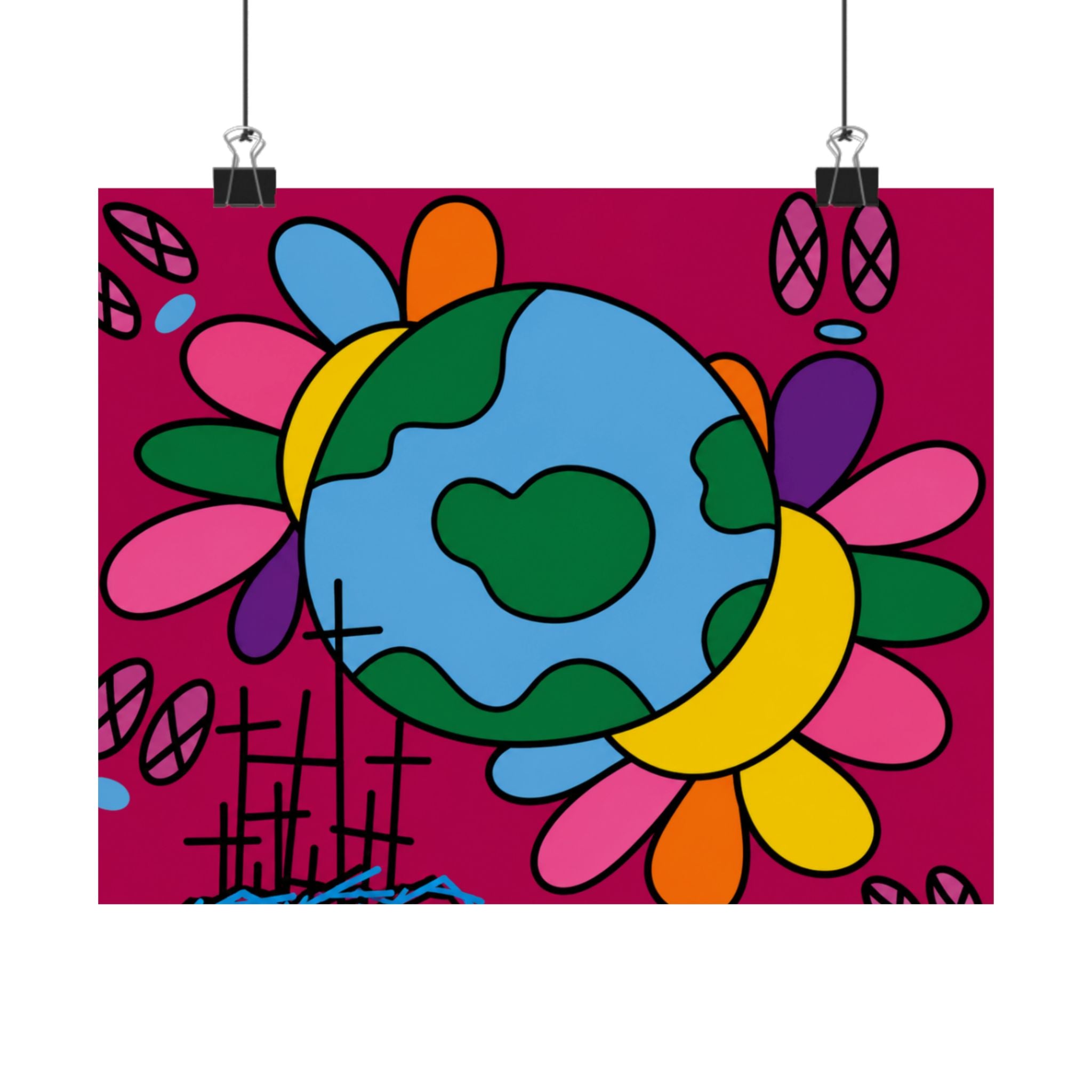 Earth Flower Illustration Matte Horizontal Poster | Colorful Planet Art Print