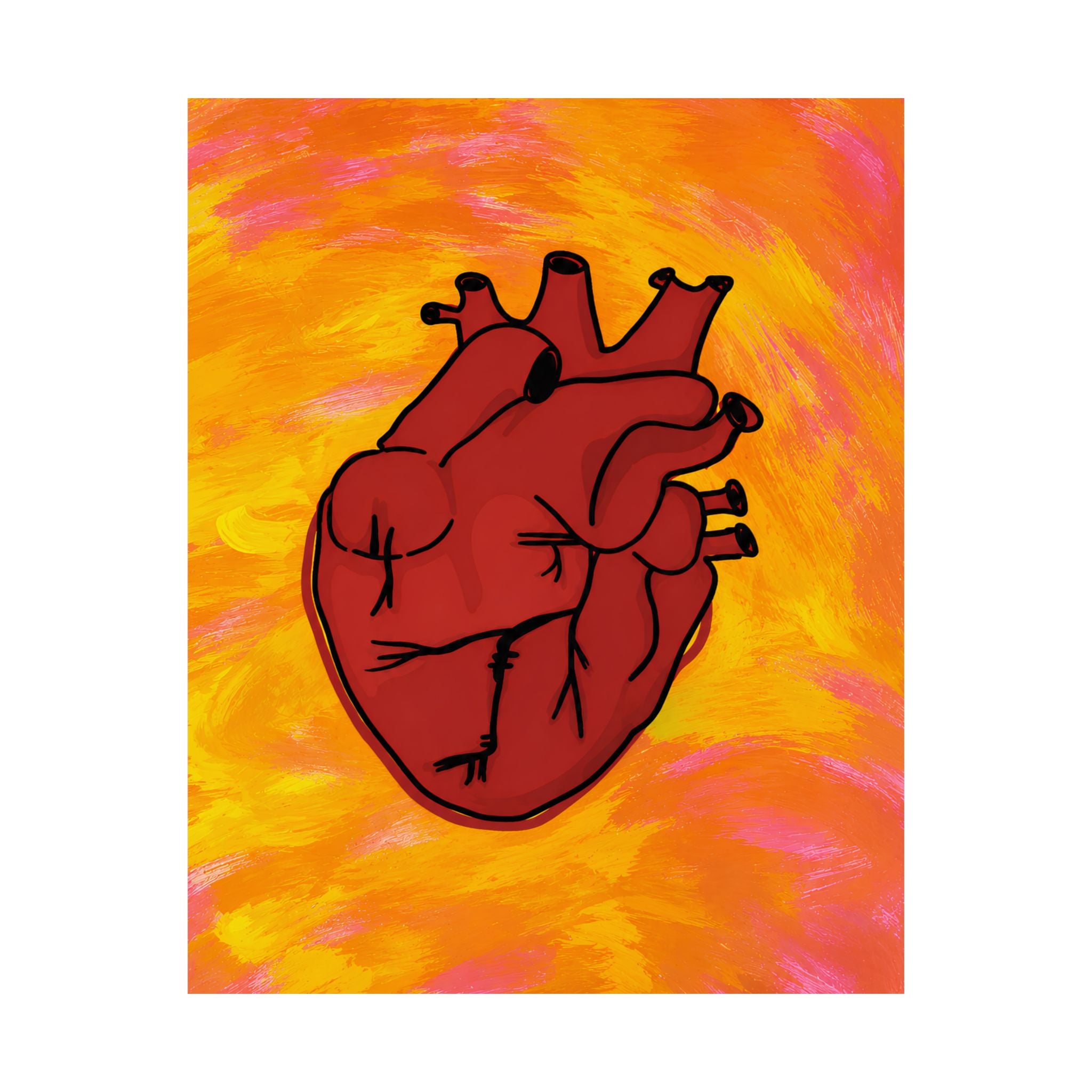 Anatomical Heart Matte Vertical Poster | Red Heart Illustration, Vibrant Orange Background