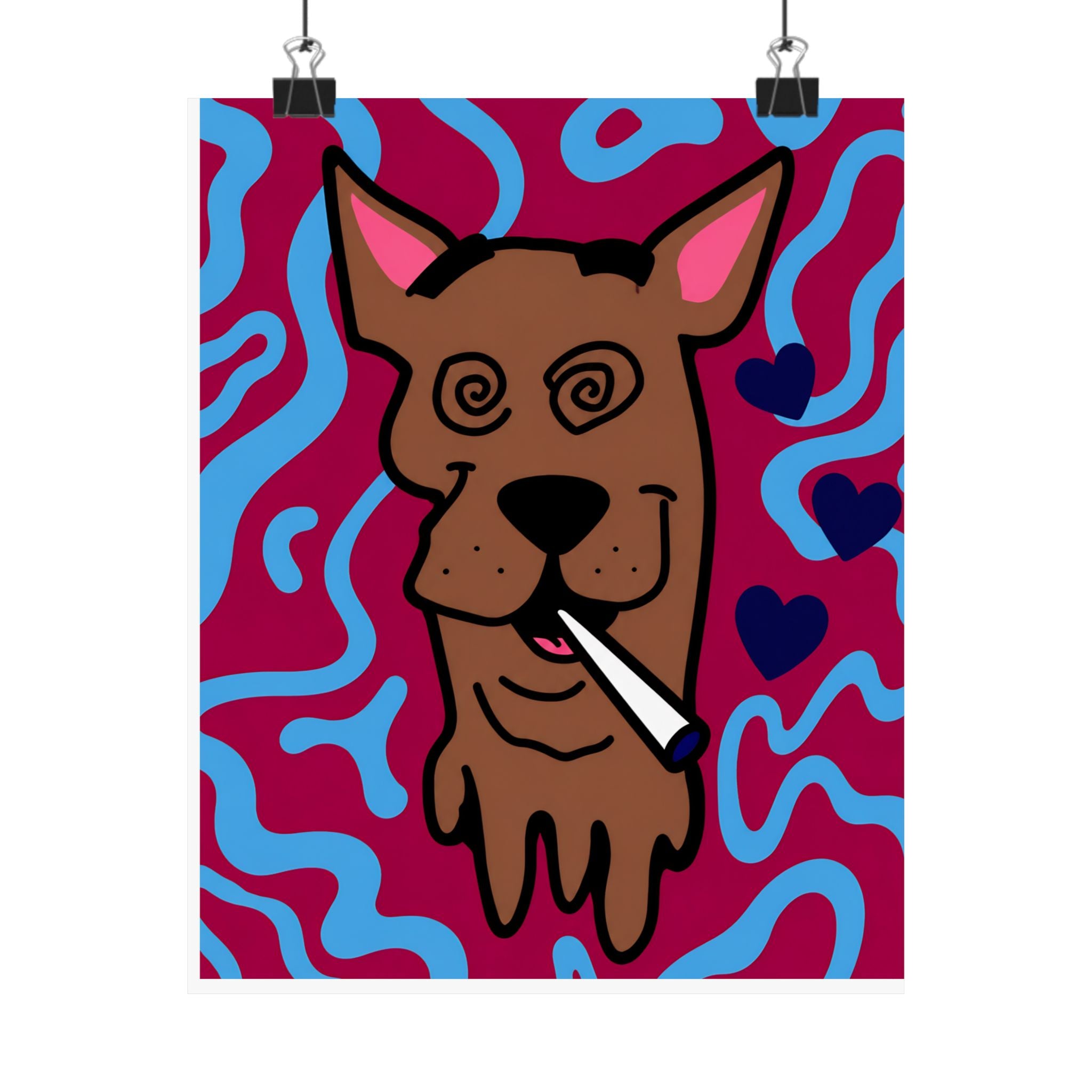 Psychedelic Dog Poster Matte Vertical Poster | Trippy Pup Art, Hearts & Wavy Background