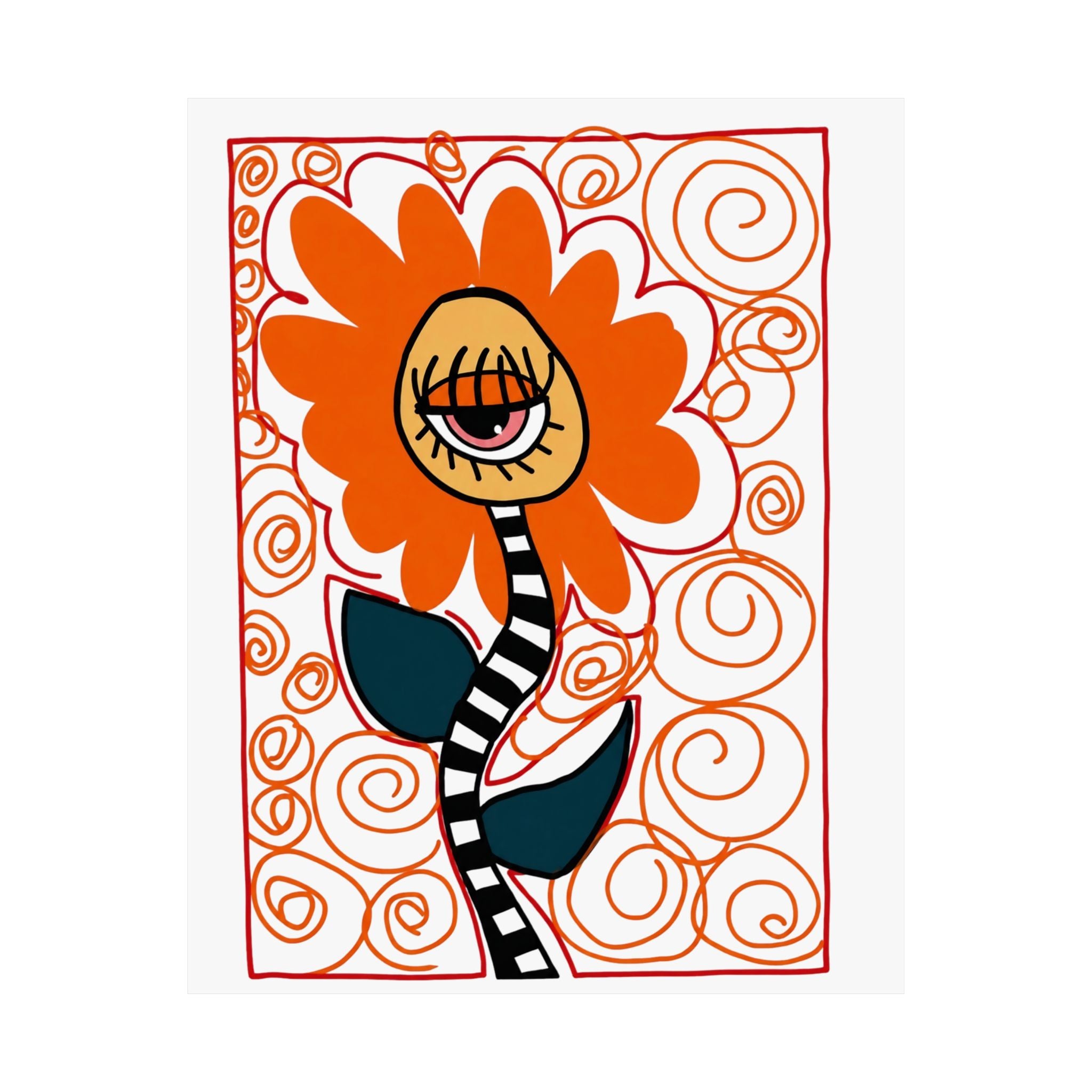 One-Eyed Orange Flower Matte Vertical Poster | Whimsical Floral Art