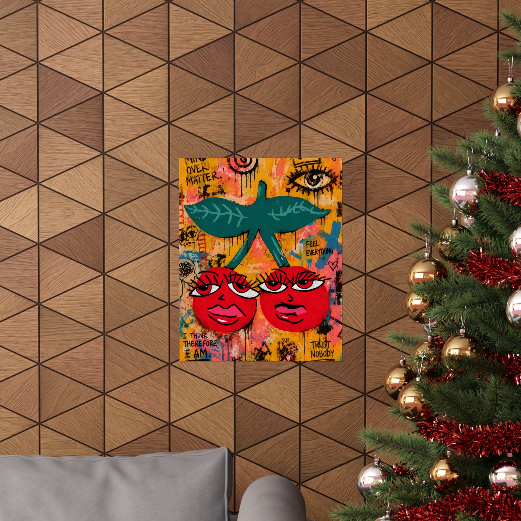 Pop Art Cherry Faces Matte Vertical Poster | Colorful Graffiti Fruit Wall Art
