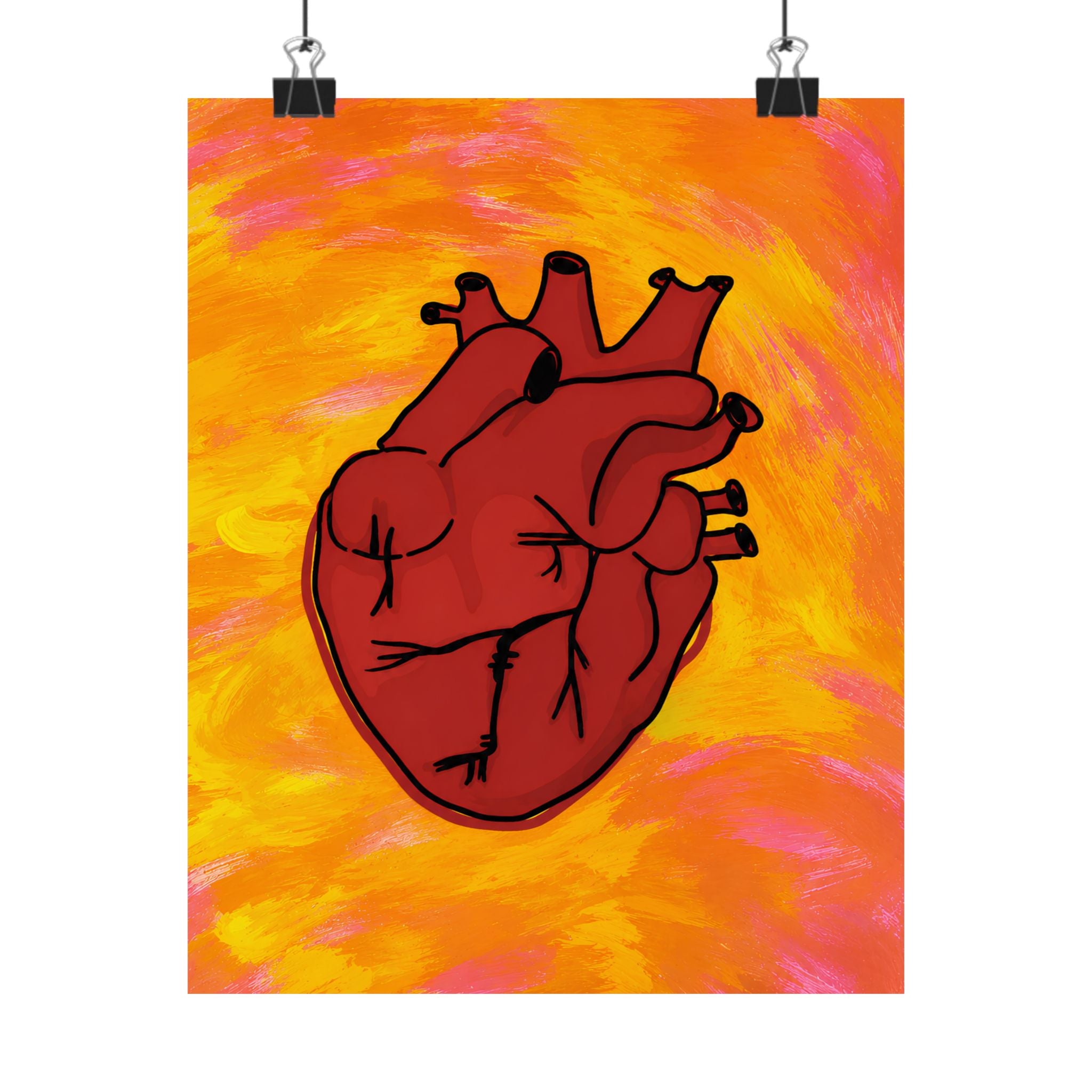 Anatomical Heart Matte Vertical Poster | Red Heart Illustration, Vibrant Orange Background