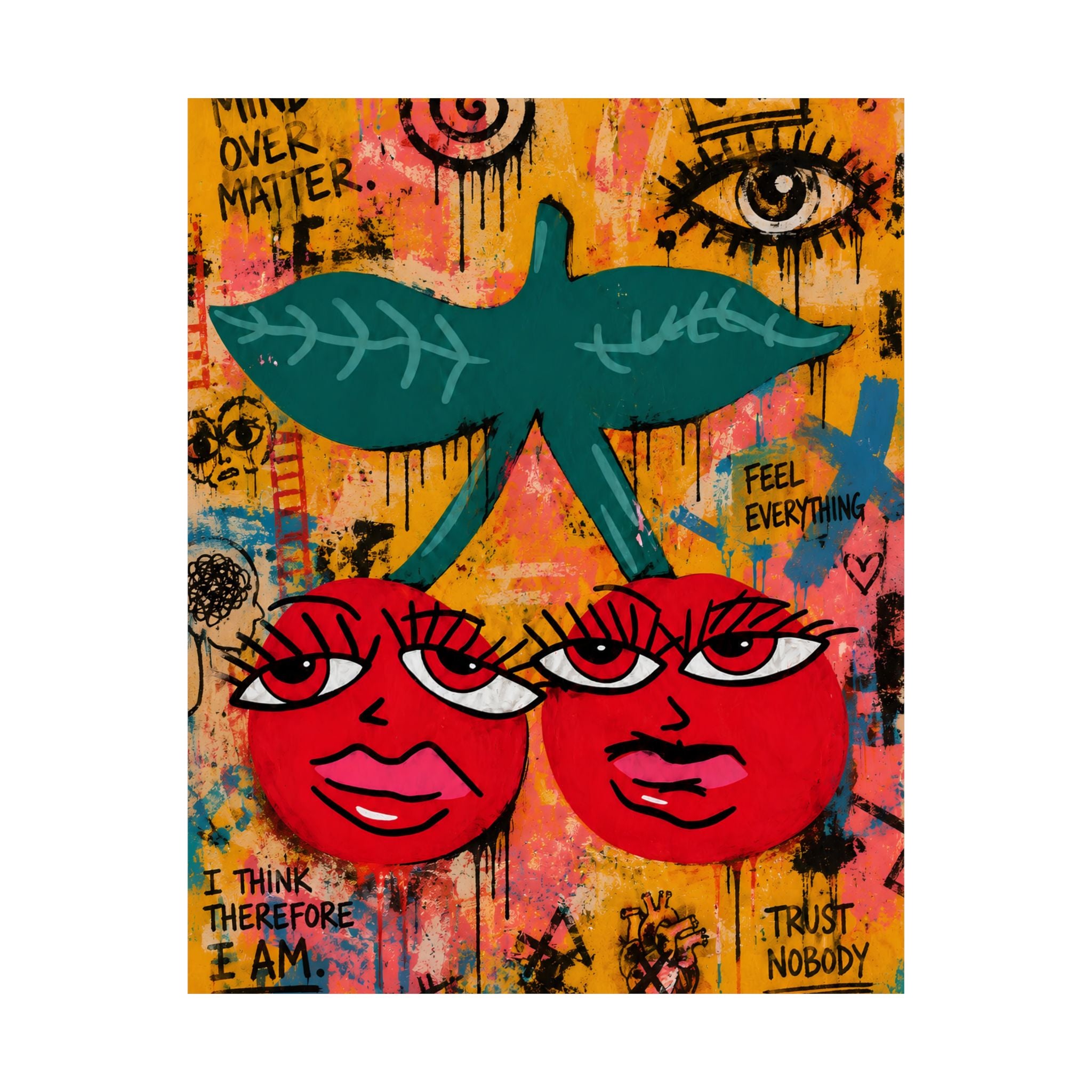 Pop Art Cherry Faces Matte Vertical Poster | Colorful Graffiti Fruit Wall Art