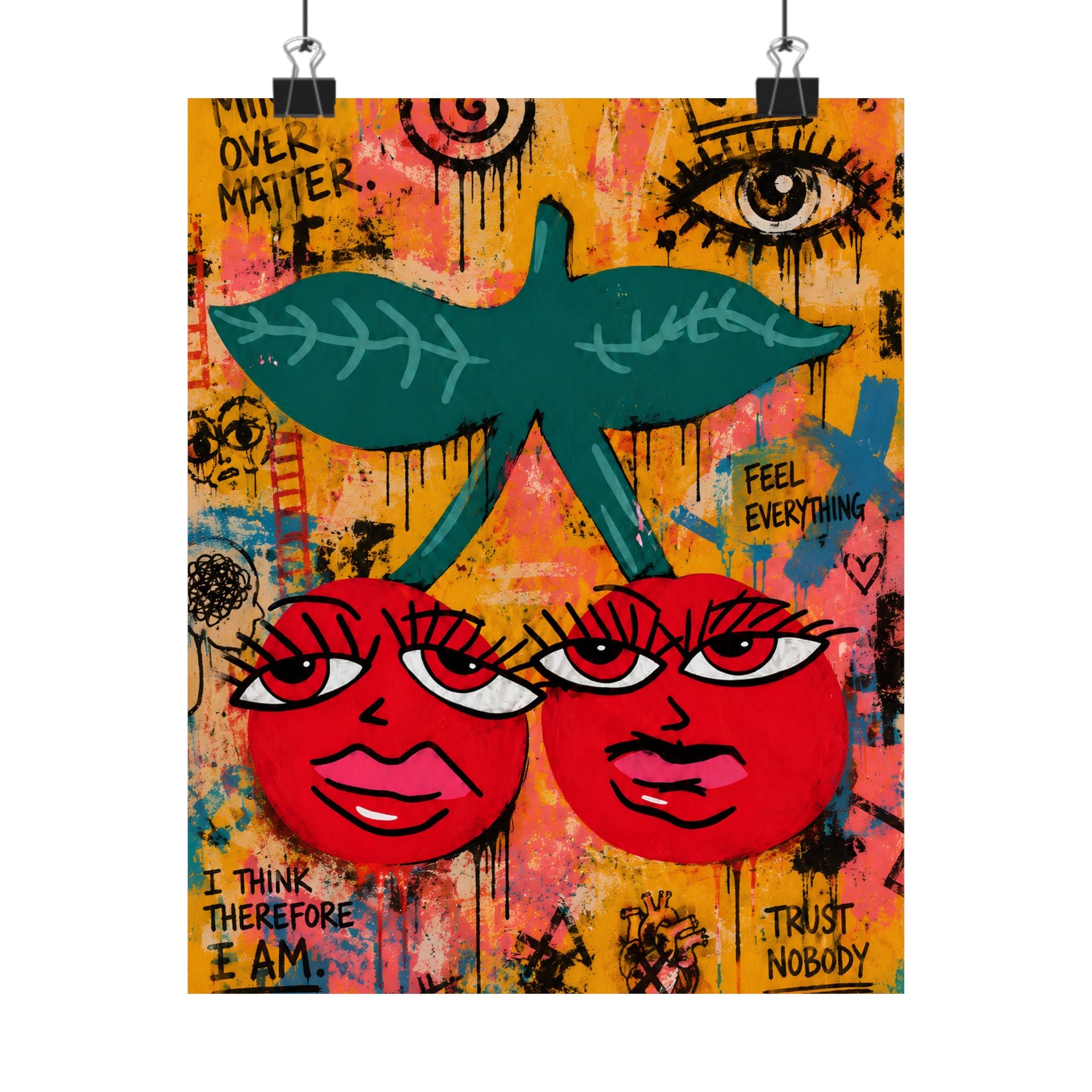 Pop Art Cherry Faces Matte Vertical Poster | Colorful Graffiti Fruit Wall Art