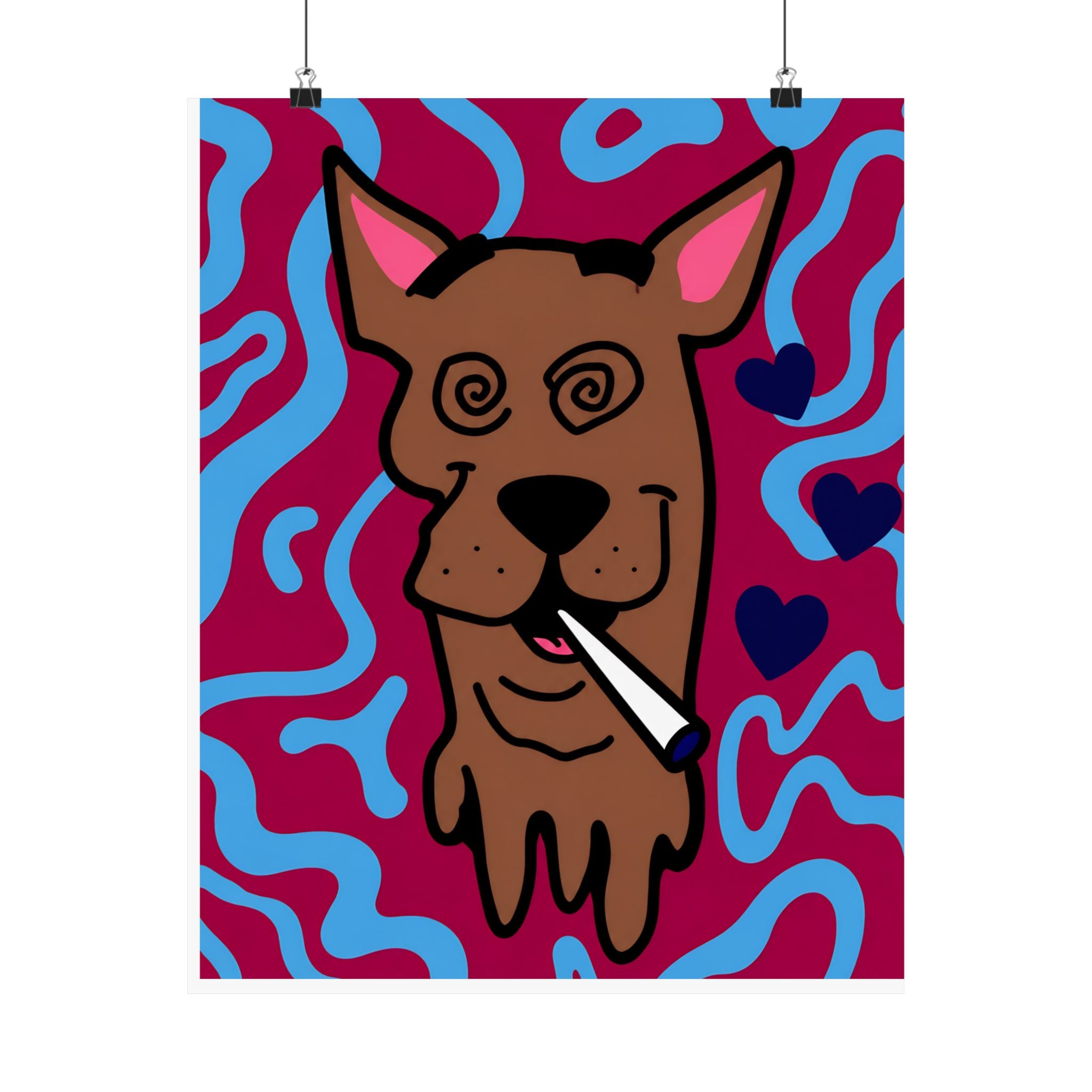 Psychedelic Dog Poster Matte Vertical Poster | Trippy Pup Art, Hearts & Wavy Background