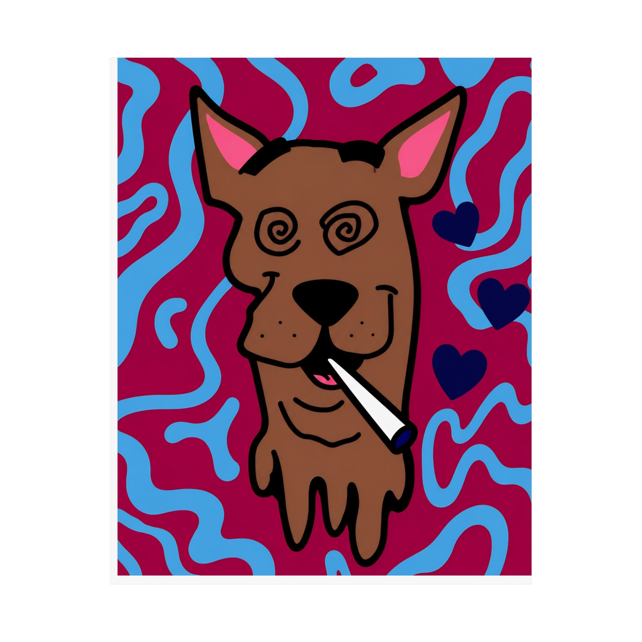Psychedelic Dog Poster Matte Vertical Poster | Trippy Pup Art, Hearts & Wavy Background