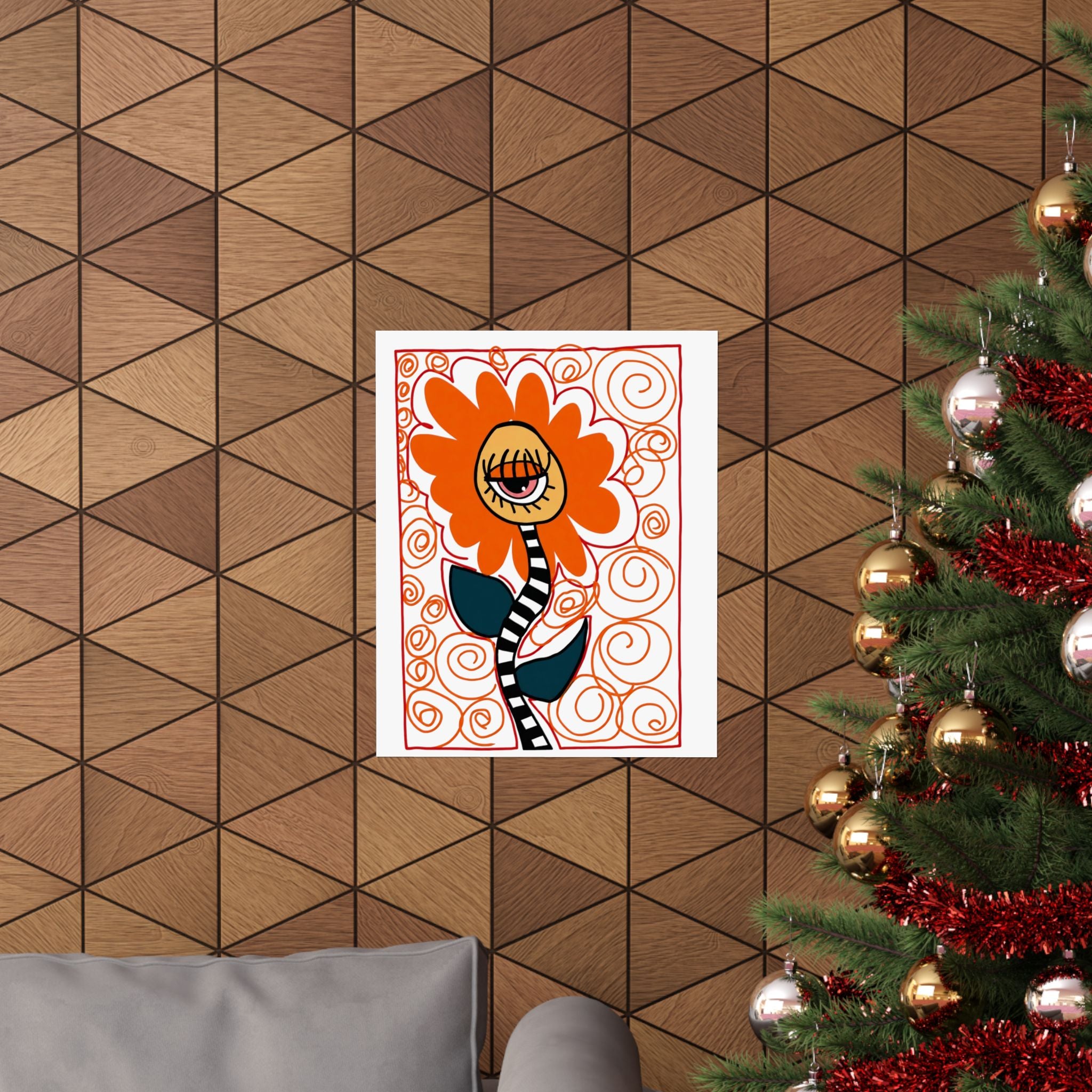 One-Eyed Orange Flower Matte Vertical Poster | Whimsical Floral Art