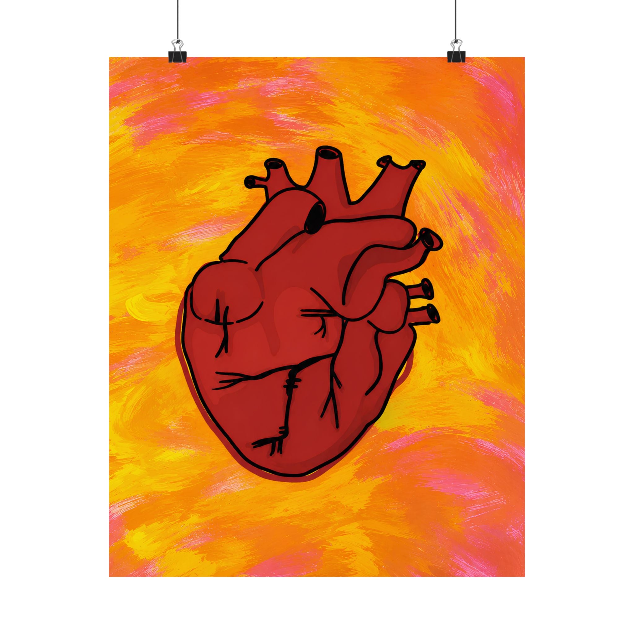 Anatomical Heart Matte Vertical Poster | Red Heart Illustration, Vibrant Orange Background