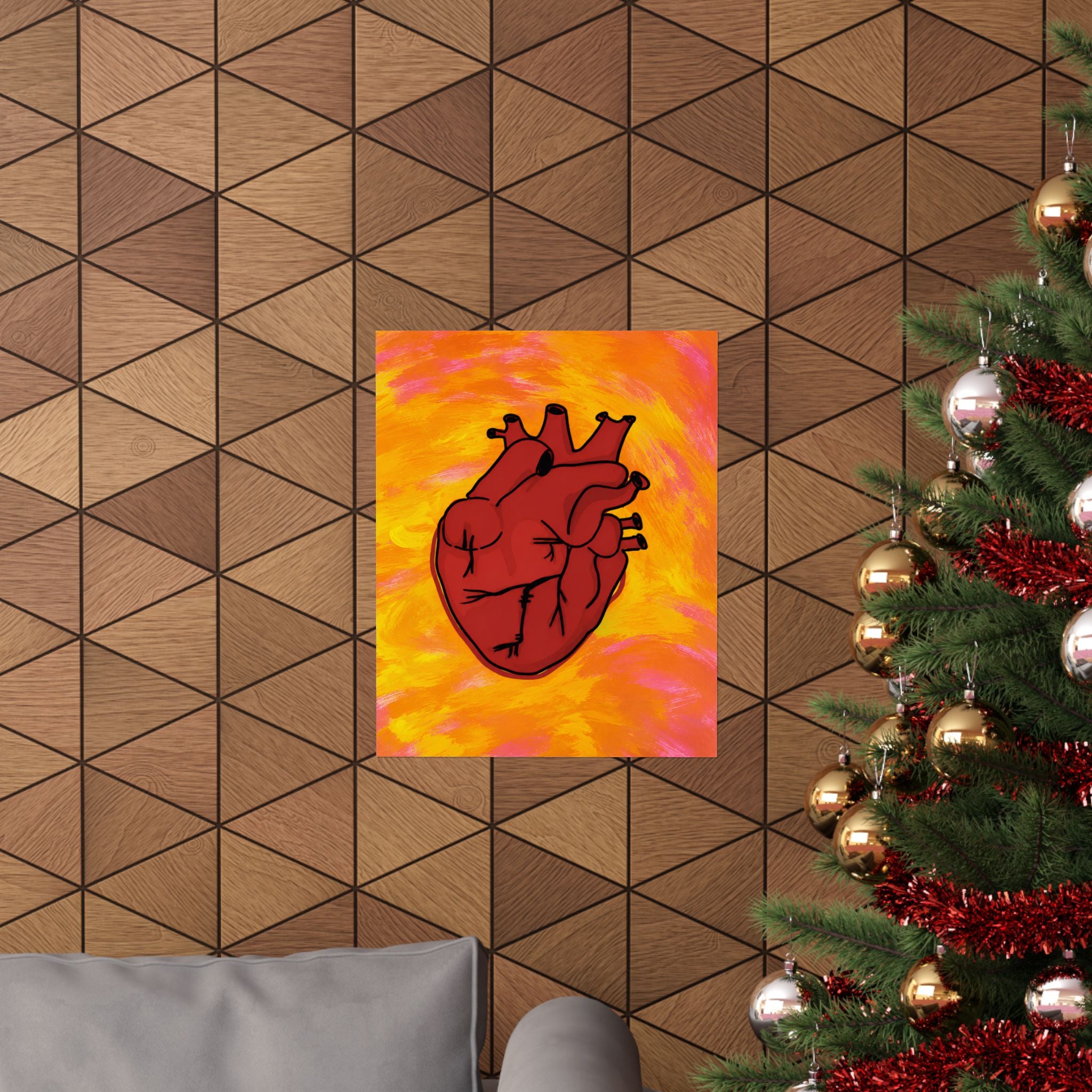Anatomical Heart Matte Vertical Poster | Red Heart Illustration, Vibrant Orange Background