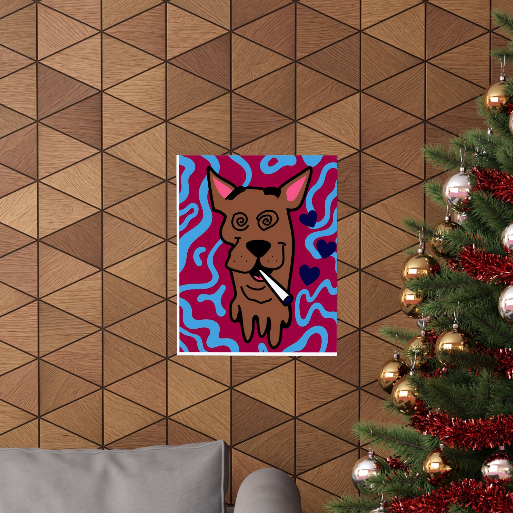 Psychedelic Dog Poster Matte Vertical Poster | Trippy Pup Art, Hearts & Wavy Background