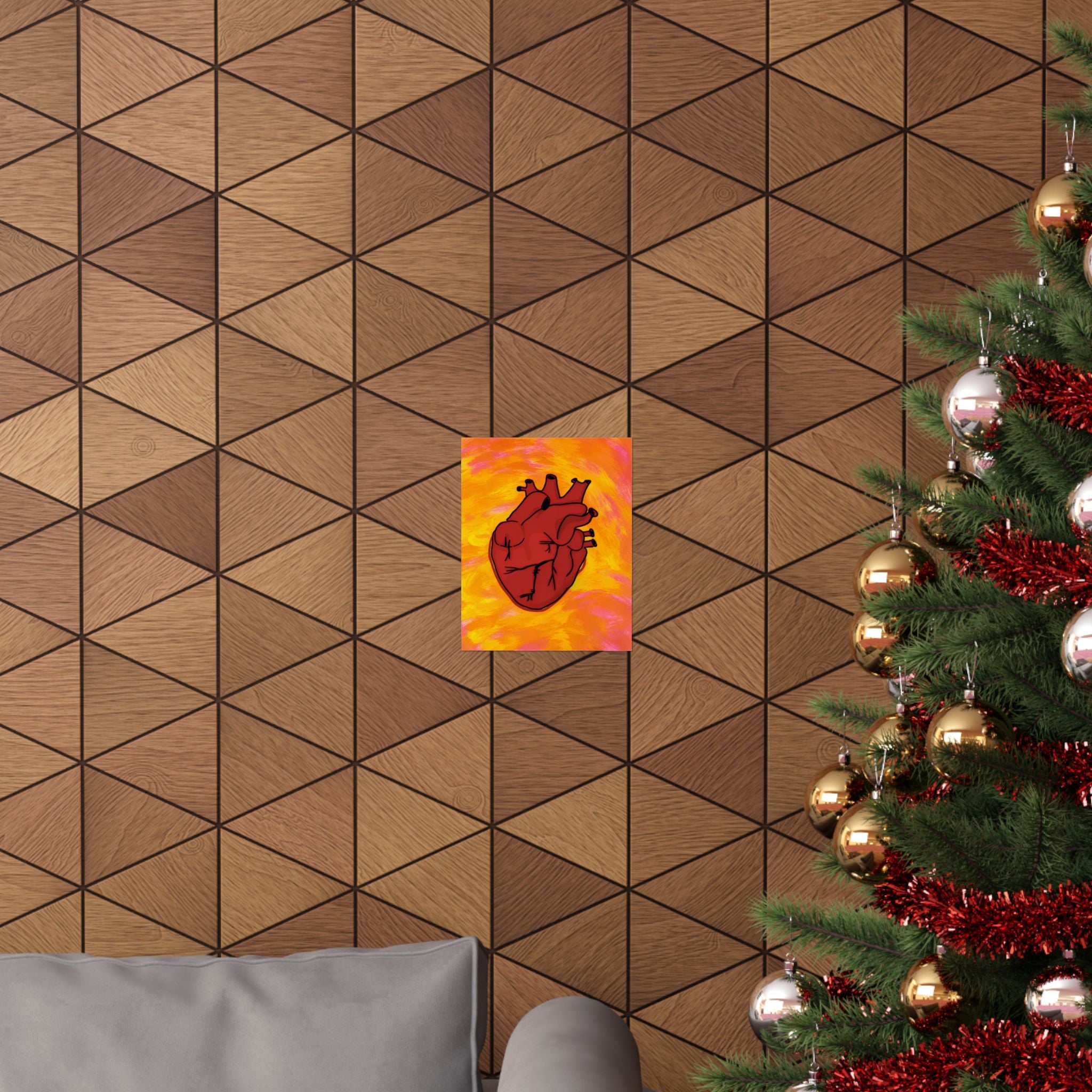 Anatomical Heart Matte Vertical Poster | Red Heart Illustration, Vibrant Orange Background